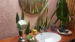 Casa de banho com toucador de madeira, uma sanita branca, um espelho e várias plantas em vasos.