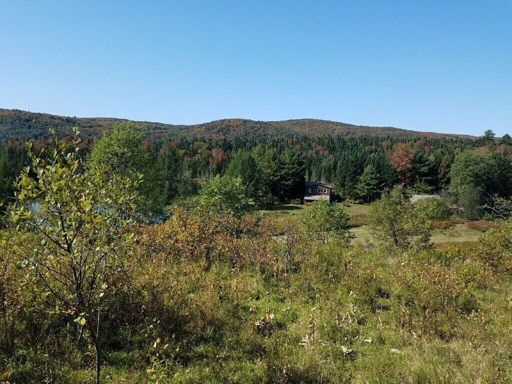 Un paysage rural avec une maison entourée d’une forêt dense et des collines en arrière-plan.