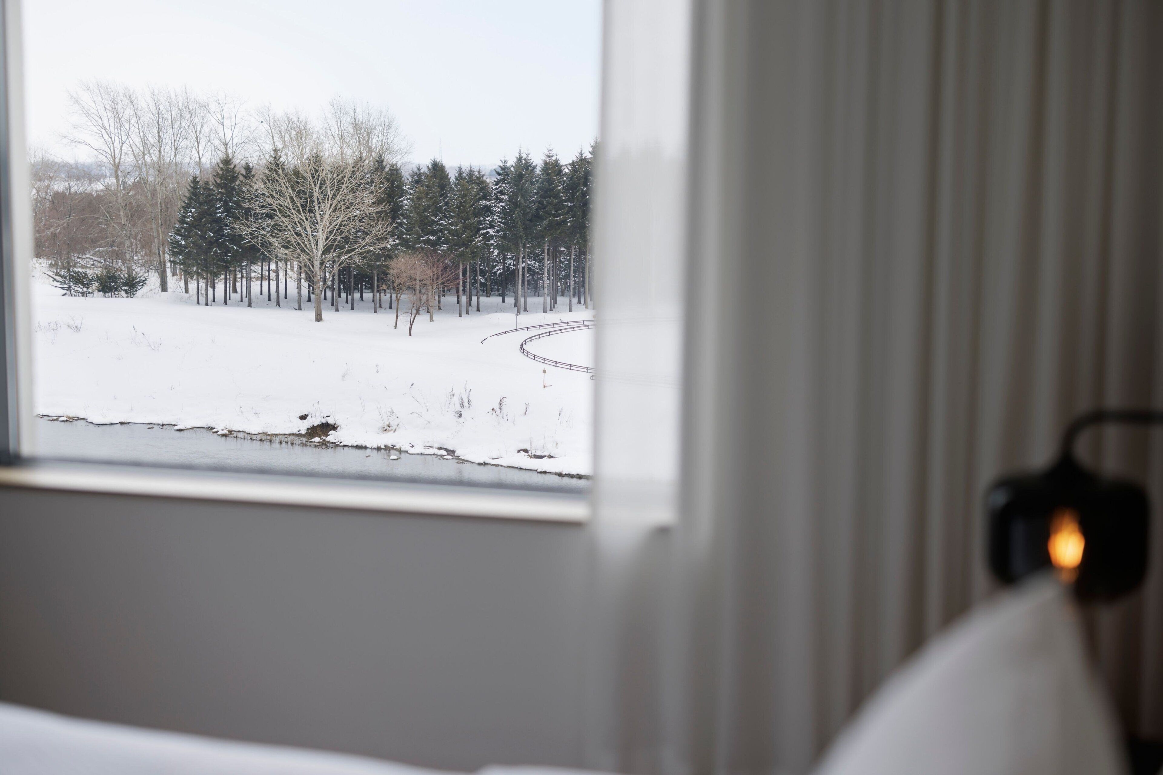 A view through a window of a snowy landscape with trees and a winding path.