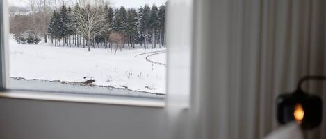A view through a window of a snowy landscape with trees and a winding path.