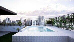 A rooftop pool with a cityscape view, surrounded by a metal fence and potted plants.
