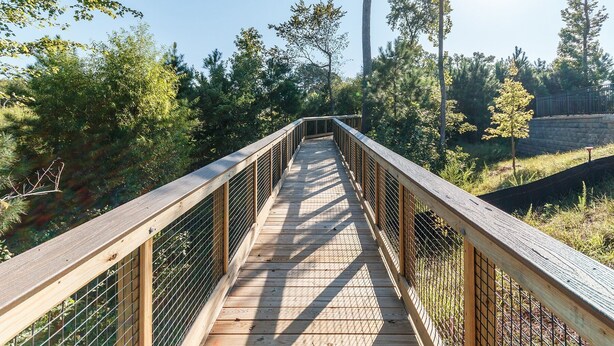 A wooden pedestrian bridge with metal railings, surrounded by trees and a stone wall. - New Modern Home near RDU-1st floor bedroom (Durham)