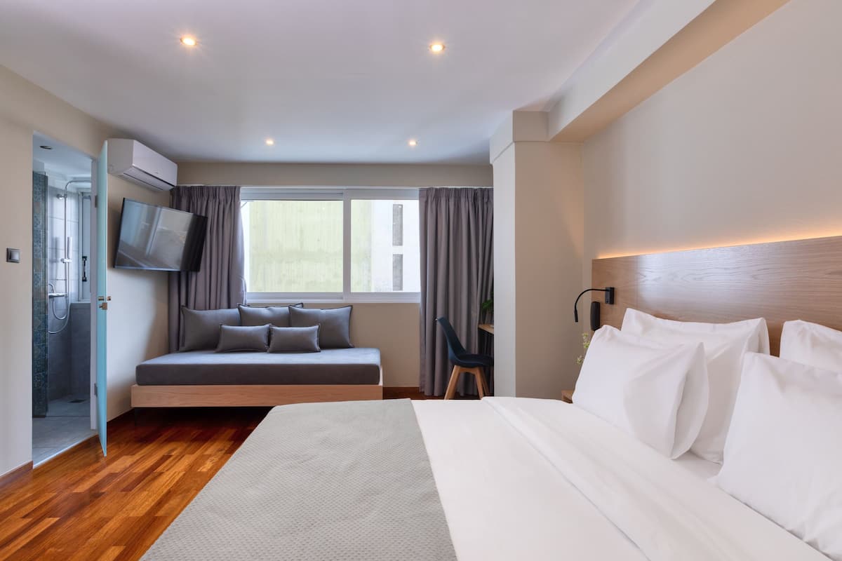 Una habitación de hotel moderna con una cama grande, un sofá cama, un televisor montado en la pared y una zona de ducha.