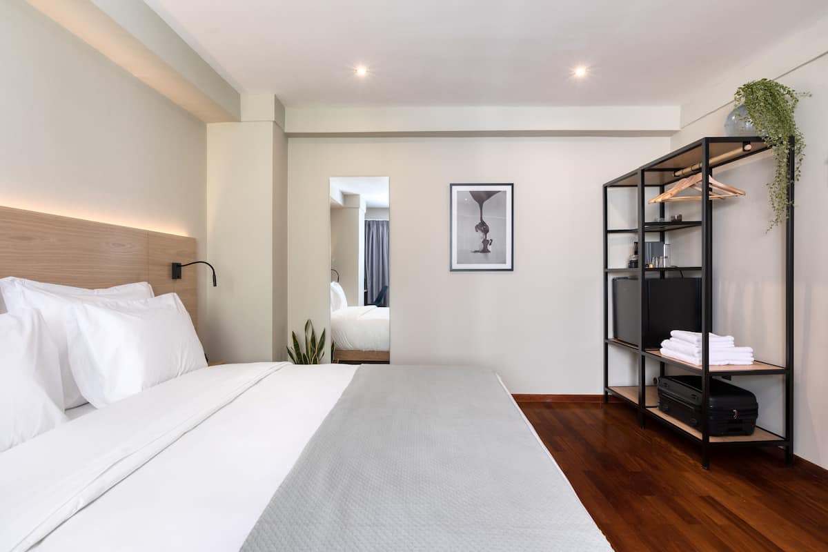 Una habitación de hotel moderna con una cama grande, un armario, un cuadro enmarcado en la pared y una planta en la estantería.