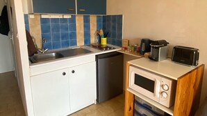Een kleine keuken met blauwe kastjes, een spoelbak, een vaatwasser, een magnetron en een broodrooster.