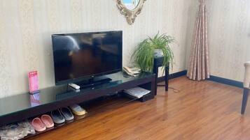 Una habitación con televisión de pantalla plana sobre un soporte de vidrio, una planta en maceta, un par de cortinas y piso de madera.