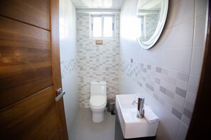 Shower, towels, toilet paper