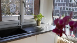 Une cuisine dotée d’un évier moderne, d’une plante en pot et d’une fenêtre offrant une vue sur des immeubles et des arbres.