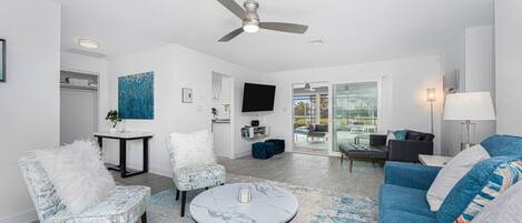 Smart TV, DVD player, books, music library