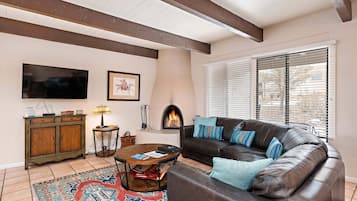 Smart TV, chimenea, reproductor de DVD y libros