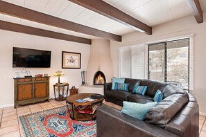 TV connectée, cheminée, lecteur de DVD, livres