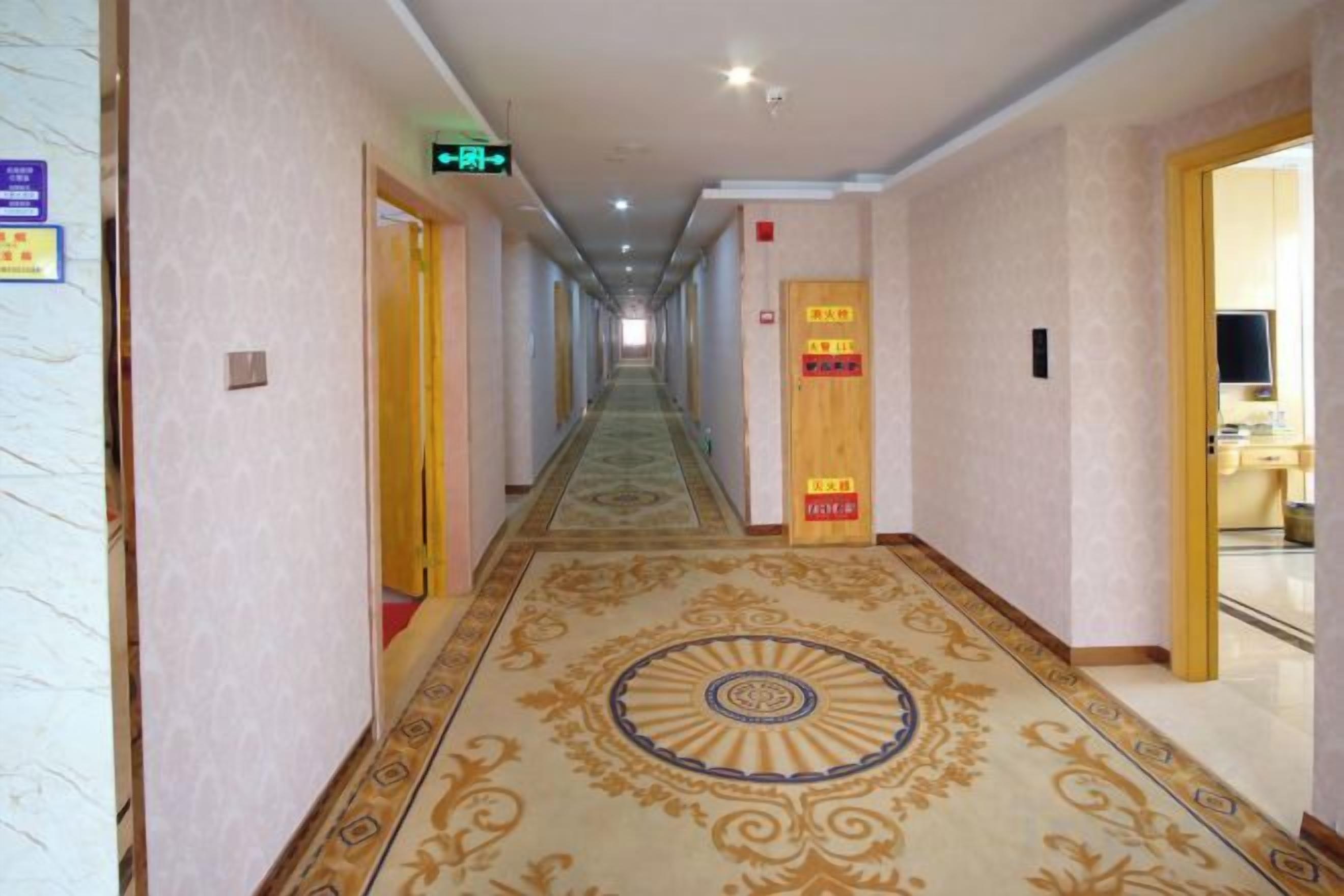 A hotel corridor with a patterned carpet, doors, and a television in the room.