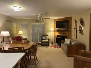 Smart TV, fireplace, DVD player