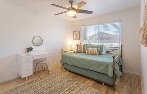 3 bedrooms, desk, iron/ironing board, travel crib