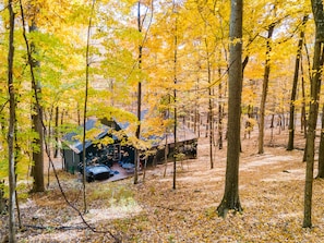 A cabin surrounded by a forest with yellow foliage. - Private hot tub, wooded, EV charger, 1-gig fiber internet (Berkeley Springs)