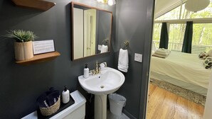 A modern bathroom with a large mirror, a white sink, and a small potted plant. - Private hot tub, wooded, EV charger, 1-gig fiber internet (Berkeley Springs)