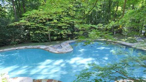 A swimming pool surrounded by lush greenery and trees. - Private hot tub, wooded, EV charger, 1-gig fiber internet (Berkeley Springs)