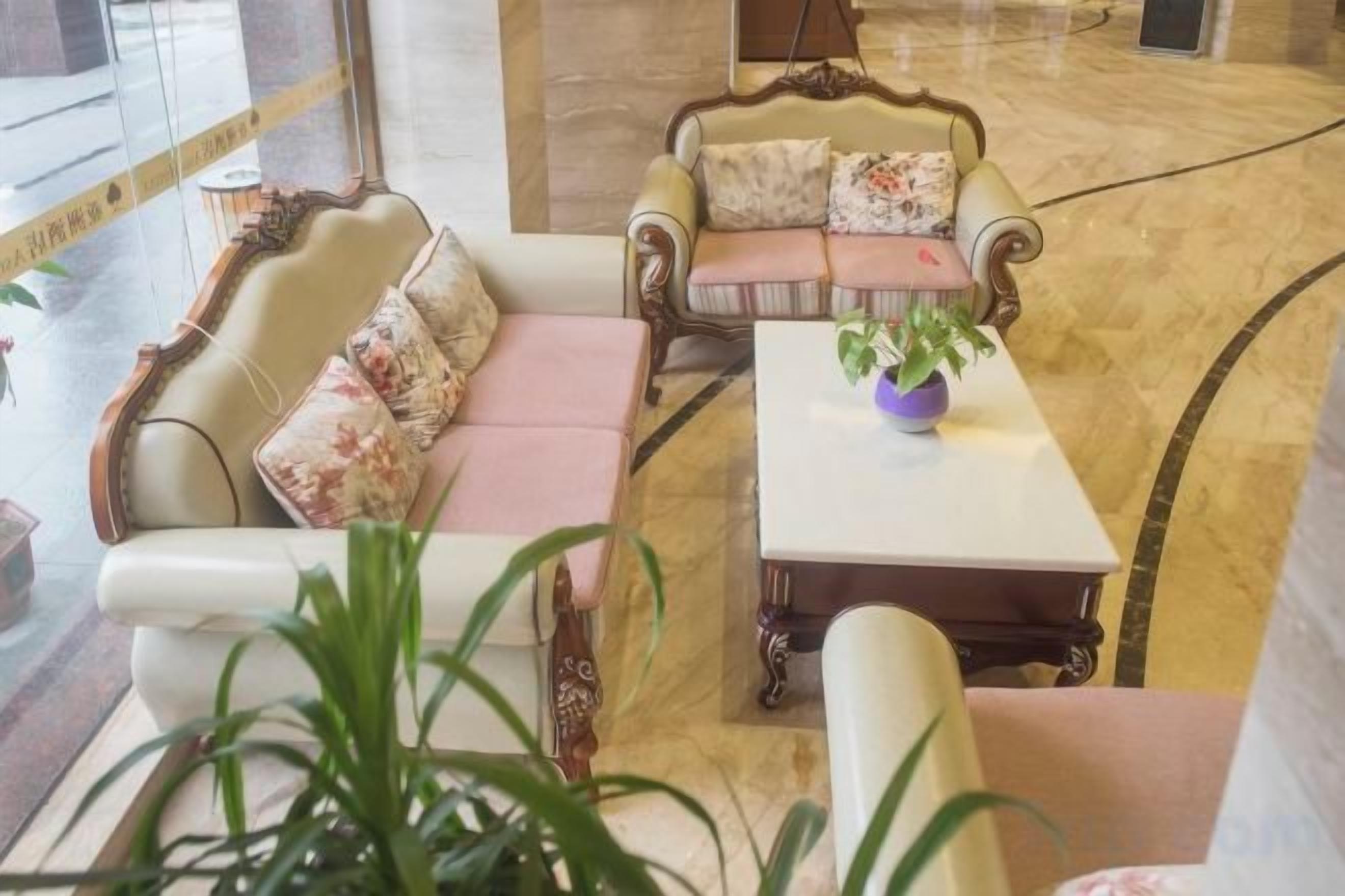 Un hall d’entrée avec un ensemble de canapés, une table basse et une plante en pot.