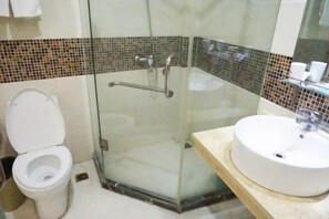 Un baño con ducha de vidrio, inodoro blanco y lavabo con espejo.
