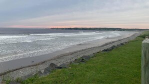 A coastal view with a beach, grassy area, and a distant shoreline with buildings.