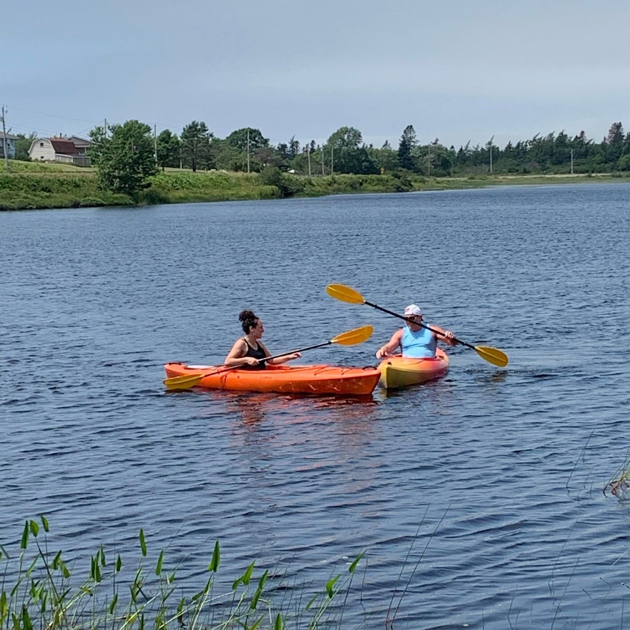 Deux personnes pratiquent le kayak sur un lac paisible, bordé d’une rive herbeuse et avec des arbres en arrière-plan.