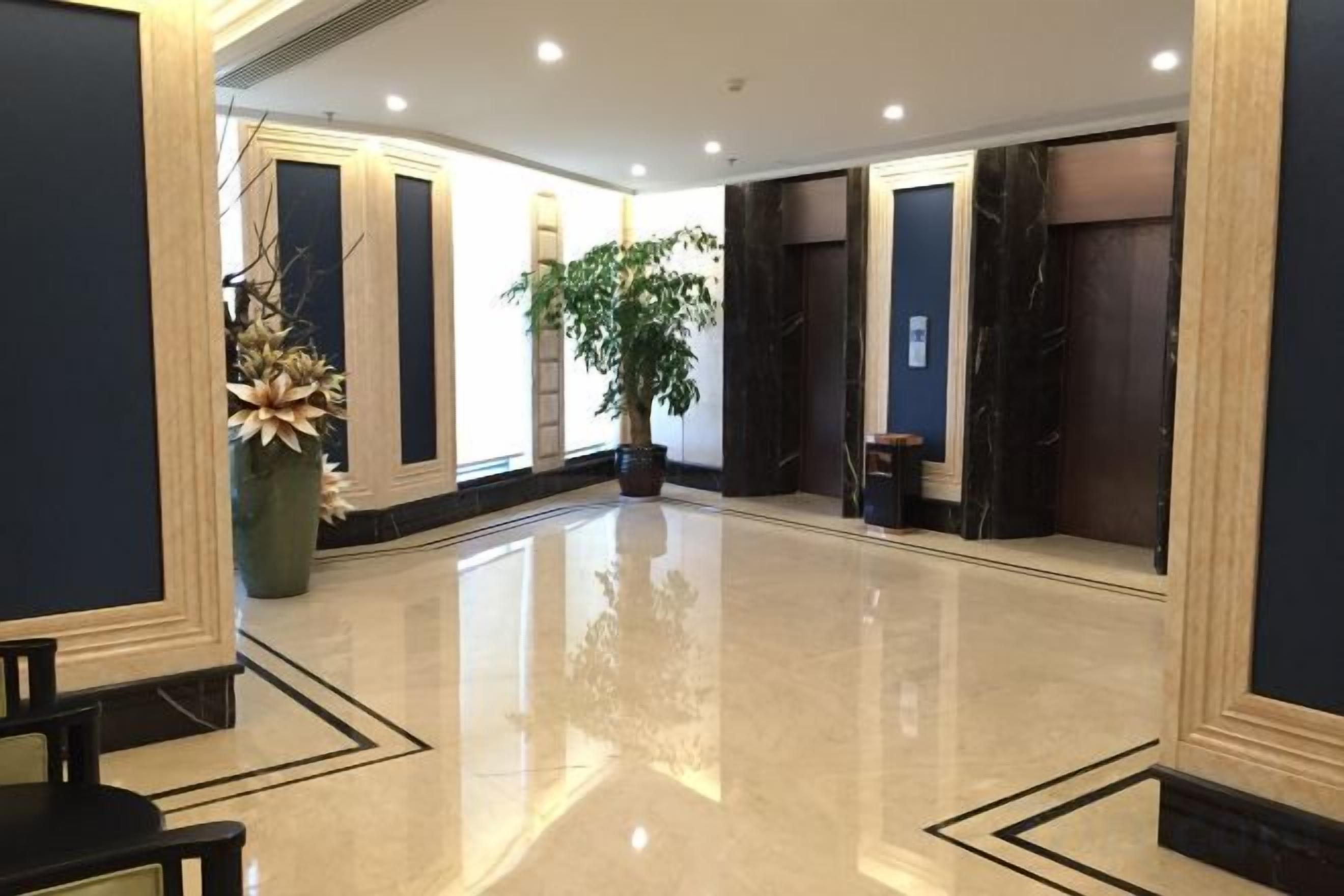 A hotel lobby with a polished floor, a large potted plant, and a reception desk.
