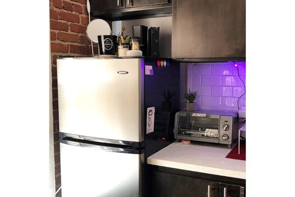 Compact kitchen with a refrigerator, toaster oven, and potted plant.