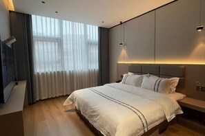 A modern hotel room with a large bed, a bedside table, a TV, and a window with curtains.