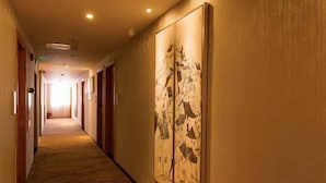 Un pasillo de hotel con piso alfombrado, puertas a ambos lados y obras de arte en las paredes.