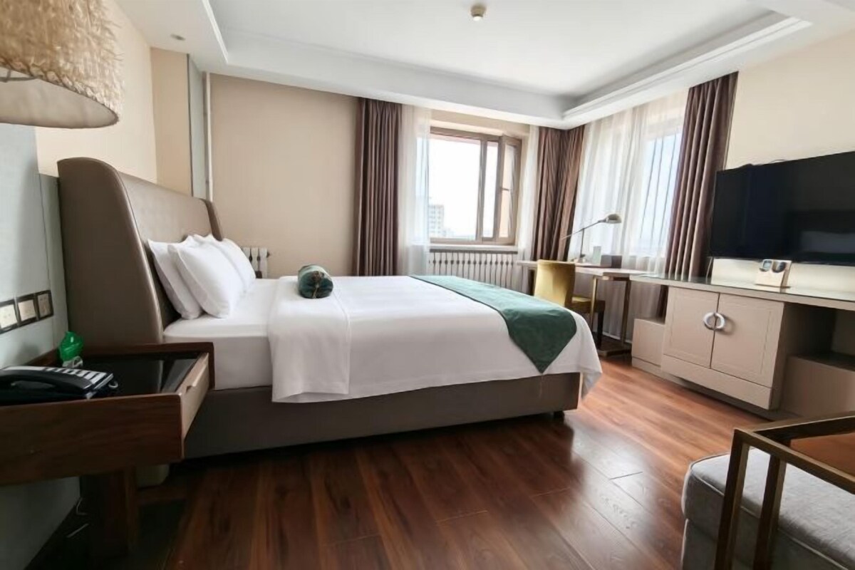 A hotel room with a bed, bedside table, TV, and a view of the city.