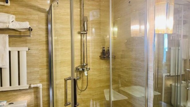 Un baño moderno con ducha de vidrio, inodoro blanco y barra para toallas.