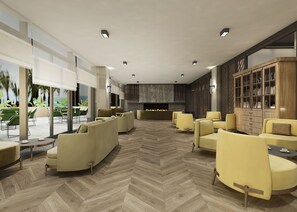 A modern lobby with a fireplace, seating area, and a reception desk. - Lago Hotel Ex Azura Deluxe Resort and Aqua Sorgun (Manavgat)