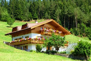 Une maison en bois Ă deux Ă©tages, dotĂ©e de balcons et entourĂ©e de verdure et dâarbres.