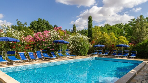 Una piscina con sillones azules y sombrillas, rodeada de exuberante vegetación y plantas con flores.