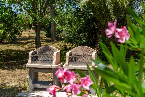 Two stone benches in a garden with trees and flowers. - Agriturismo "Bilo Camelia" with Pool, Wi-Fi & Garden (Marina di Grosseto)