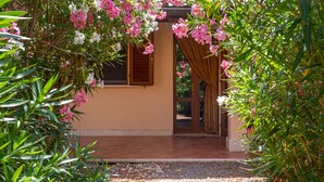 Un edificio con puerta y contraventanas de madera, rodeado de abundante vegetación y plantas en flor.