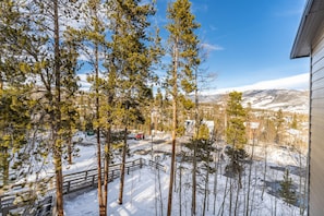 A view from a window overlooking a snowy landscape with tall trees and a distant mountain range. - Treehouse #301, Building A by Summit County Mountain Retreats (Silverthorne)