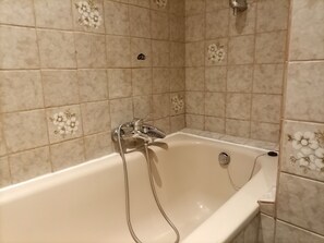 Combined shower/bathtub, towels, toilet paper