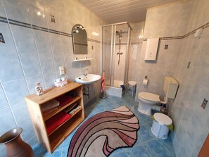 Hair dryer, towels, soap, toilet paper