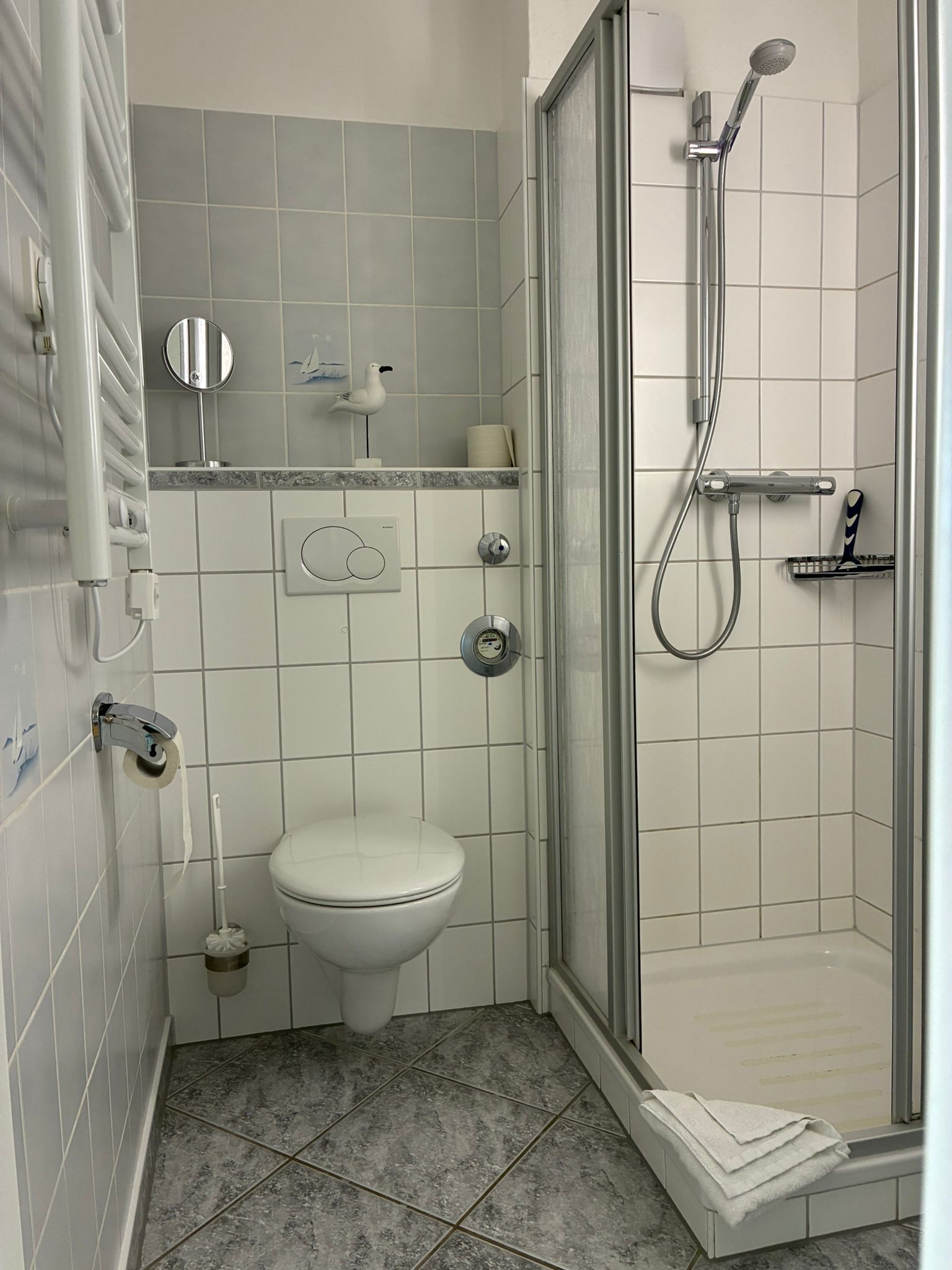 Een badkamer met toilet, douche en handdoekhouder.
