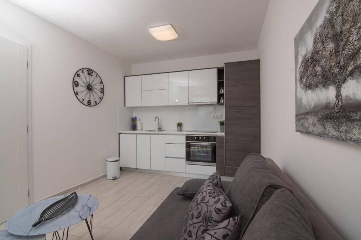 Un espace de vie compact comprenant un coin cuisine, un canapé, une horloge et un tableau accroché au mur.