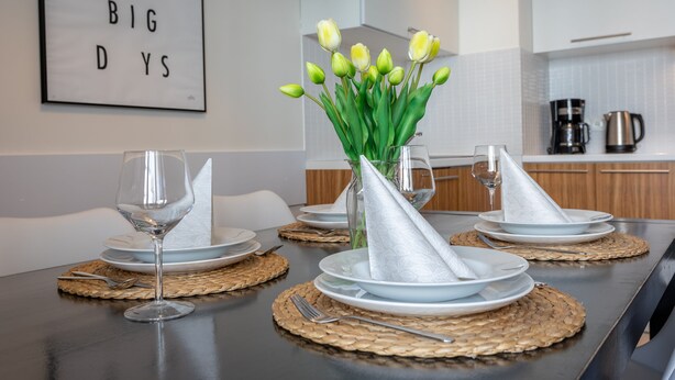 Ein Esstisch mit Geschirr, Besteck und einer Vase mit Tulpen.