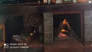 Una sala de estar con chimenea, televisión, estantería y elementos decorativos.