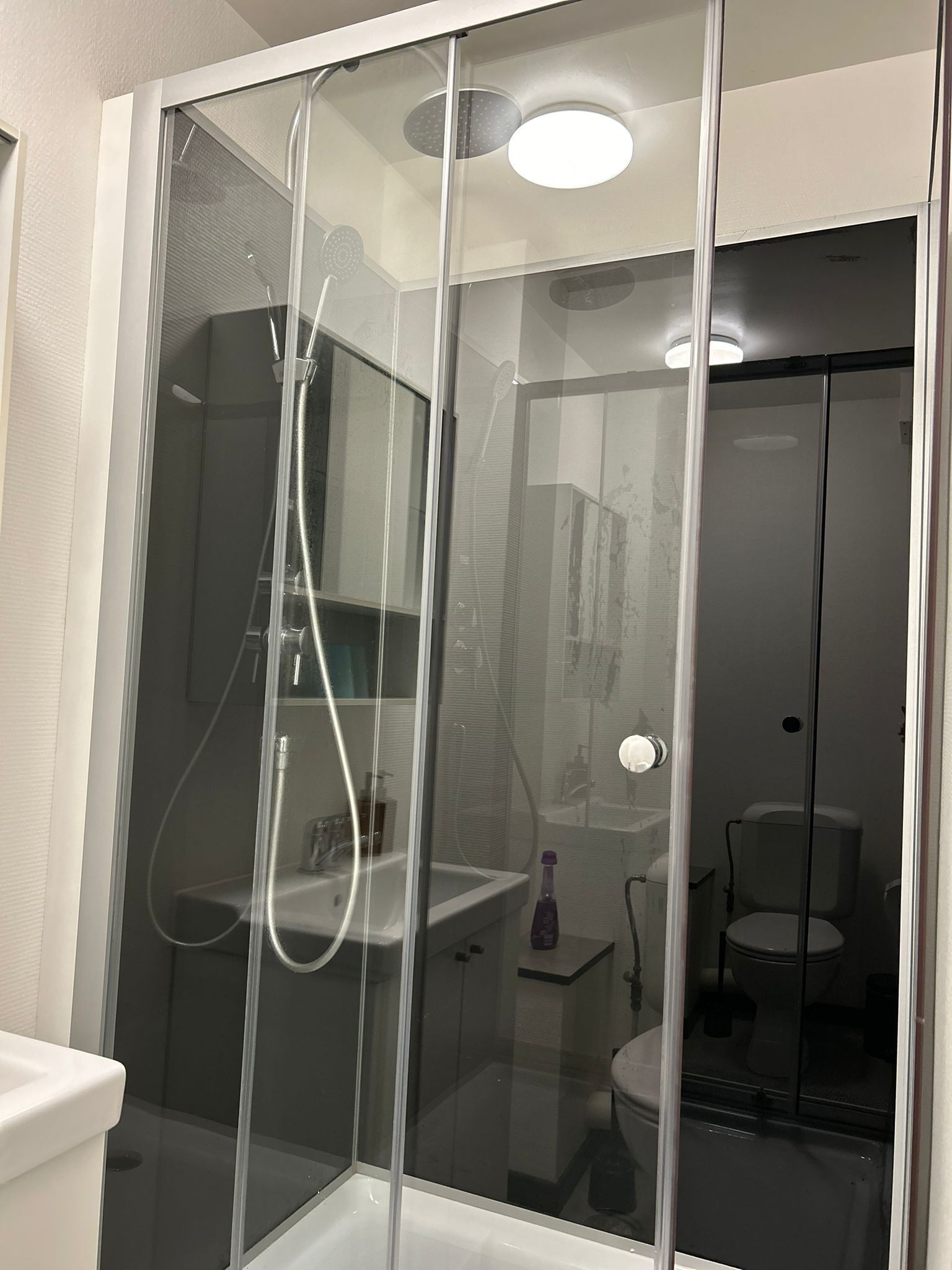 Shower, towels, soap, toilet paper