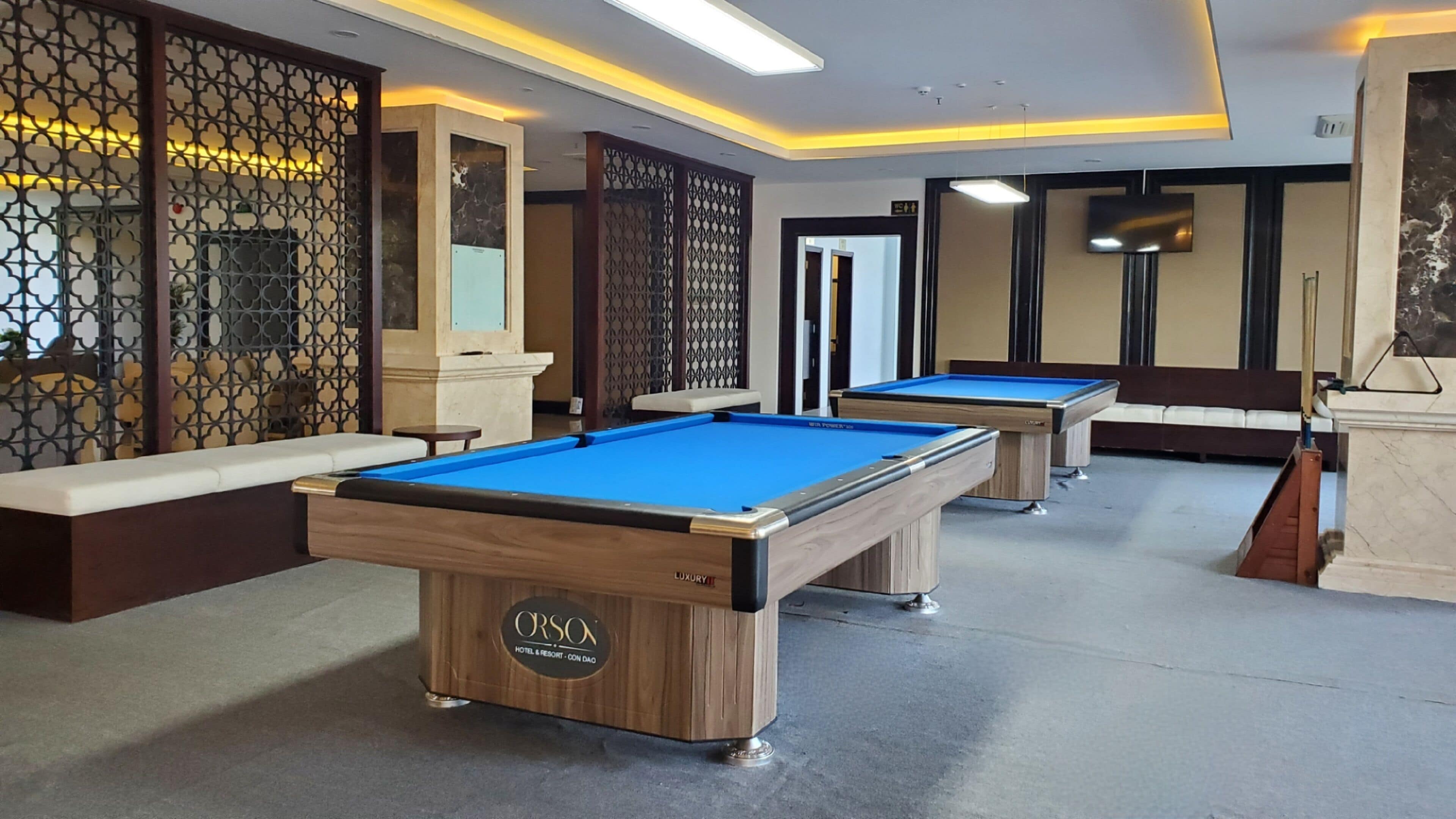 A pool table area with two pool tables, a sofa, and a decorative partition with a geometric pattern.
