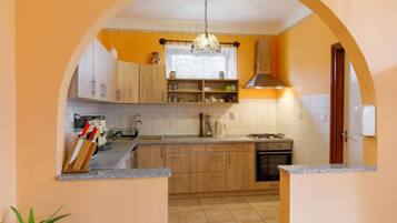 Una cocina con armarios de madera, estufa a gas y una lámpara colgante.