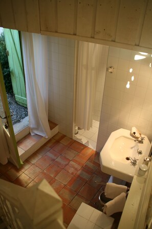 Bathtub, hair dryer, towels, soap