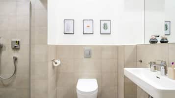 Hair dryer, towels, soap, shampoo