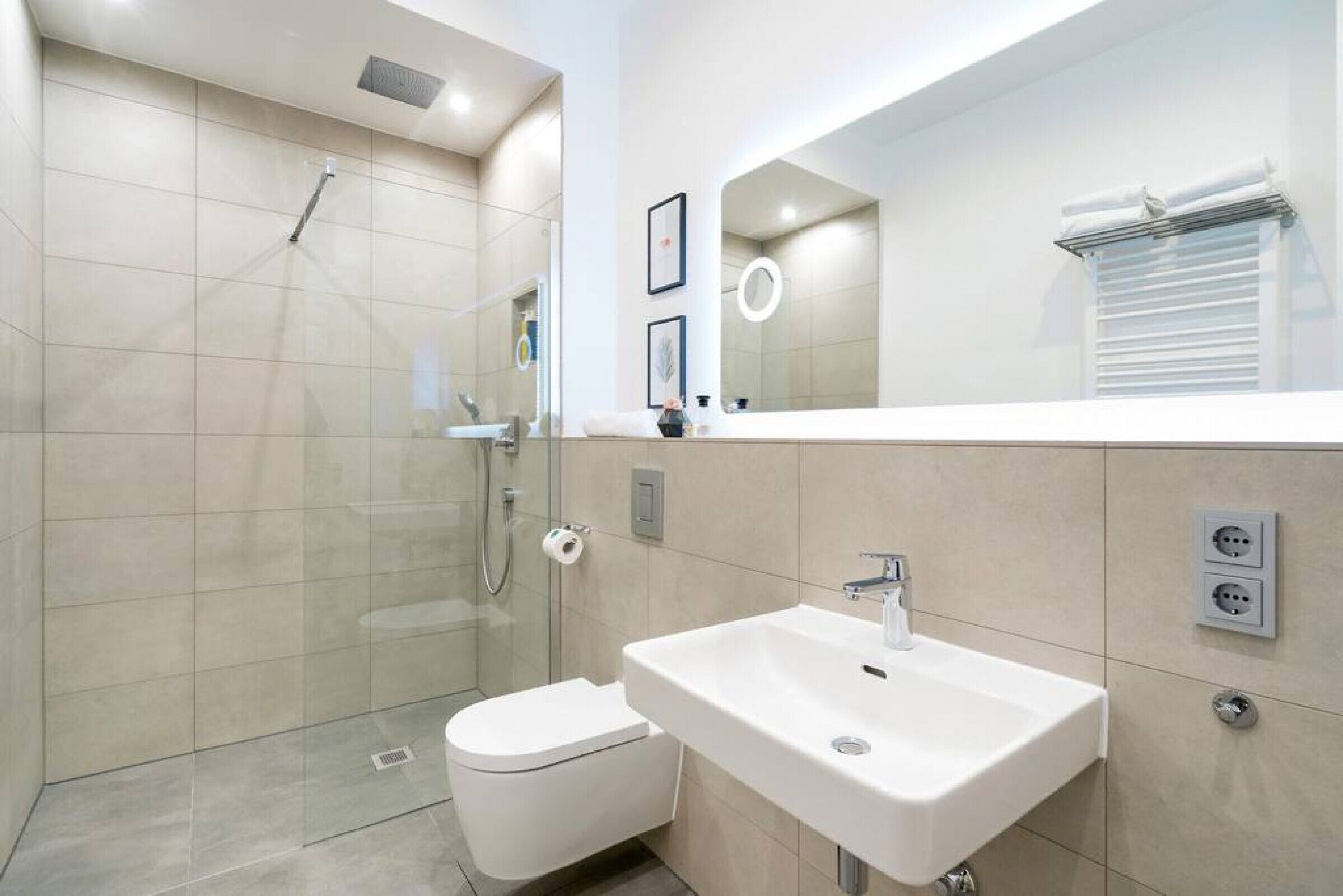 Hair dryer, towels, soap, shampoo