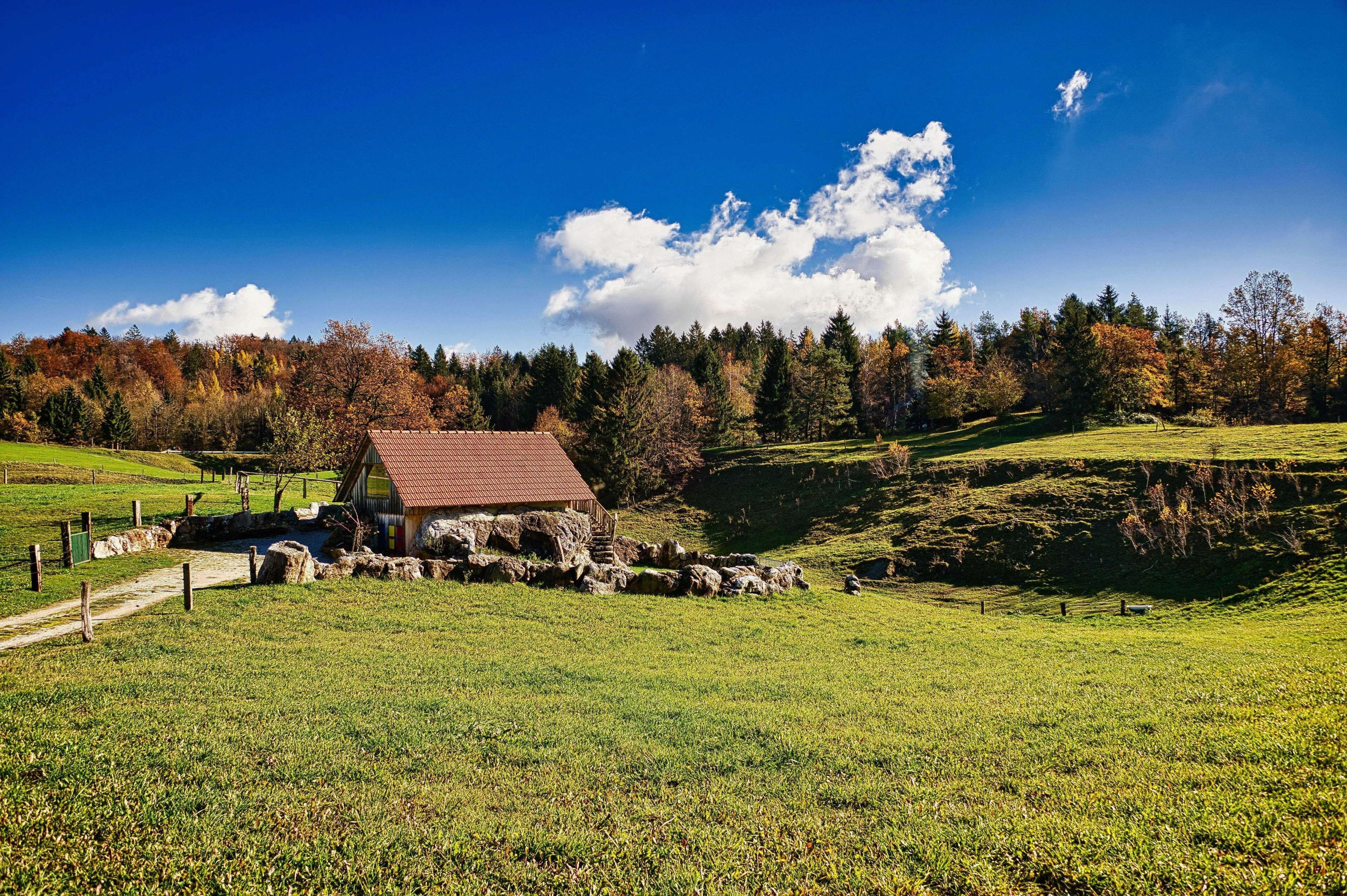 Ein rustikales Steinhaus mit rotem Dach, umgeben von einer grünen Wiese und einem bewaldeten Hang.